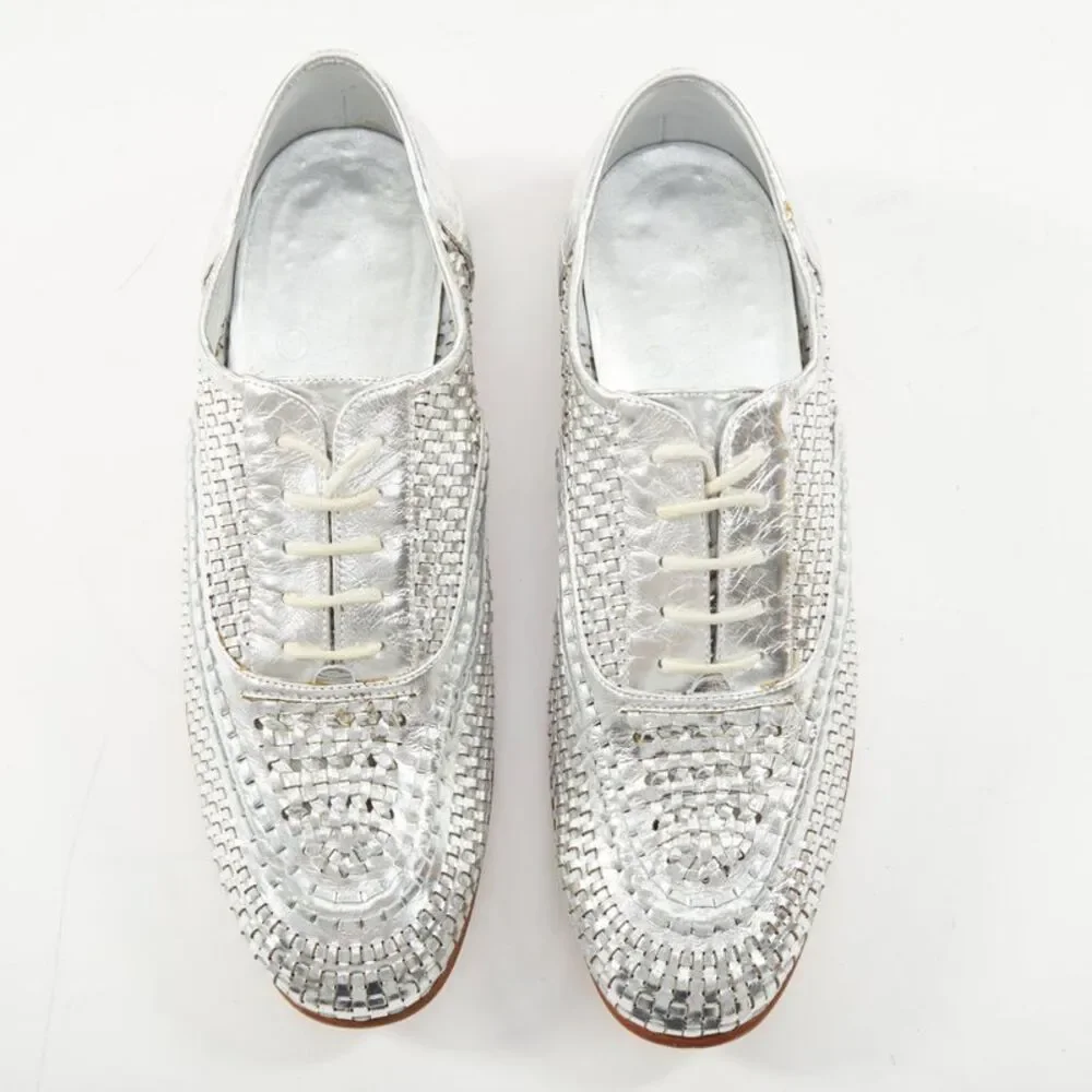 CHANEL 2016 interlocking CC metallic silver woven leather oxford EU39 US9